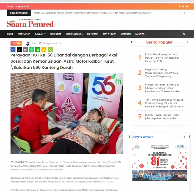 Perayaan HUT ke-56 Ditandai dengan Berbagai Aksi Sosial dan Kemanusiaan, Astra Motor Kalbar Turut \Salurkan 560 Kantong Darah