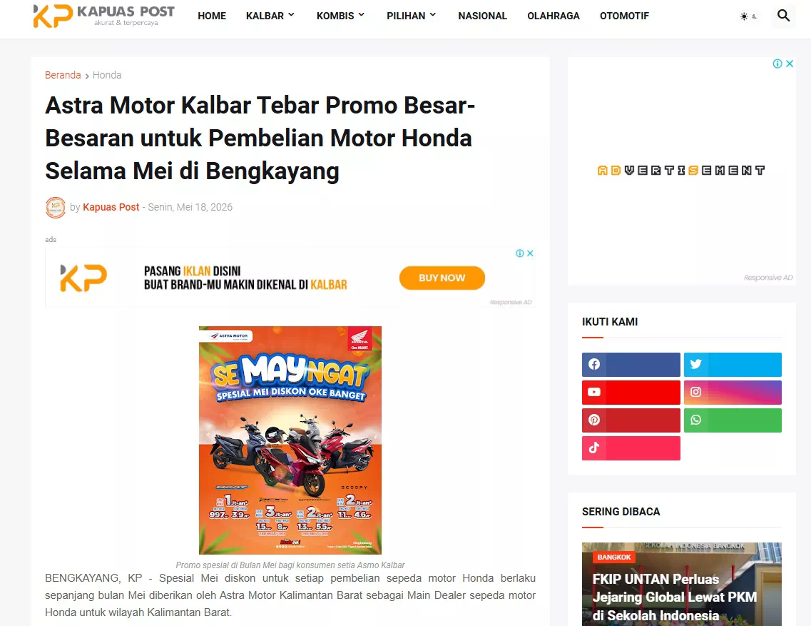 Astra Motor Kalbar Tebar Promo Besar-Besaran untuk Pembelian Motor Honda Selama Mei di Bengkayang
