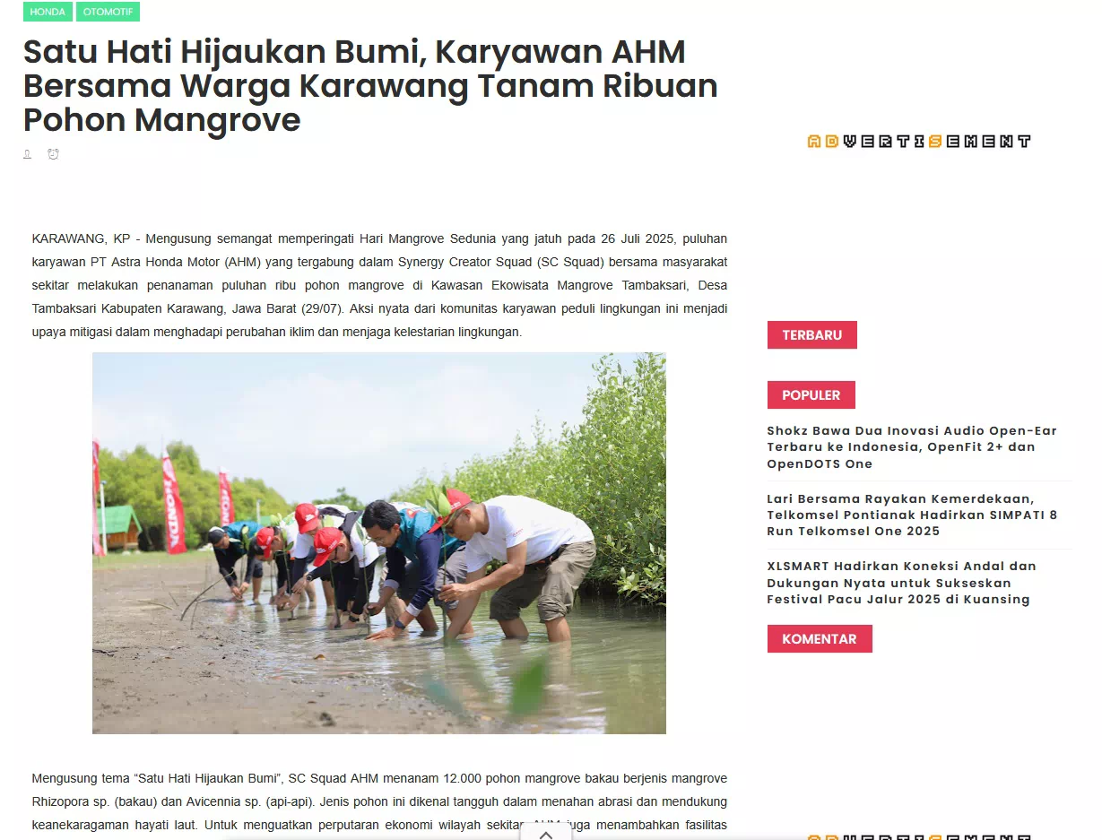 Satu Hati Hijaukan Bumi, Karyawan AHM Bersama Warga Karawang Tanam Ribuan Pohon Mangrove