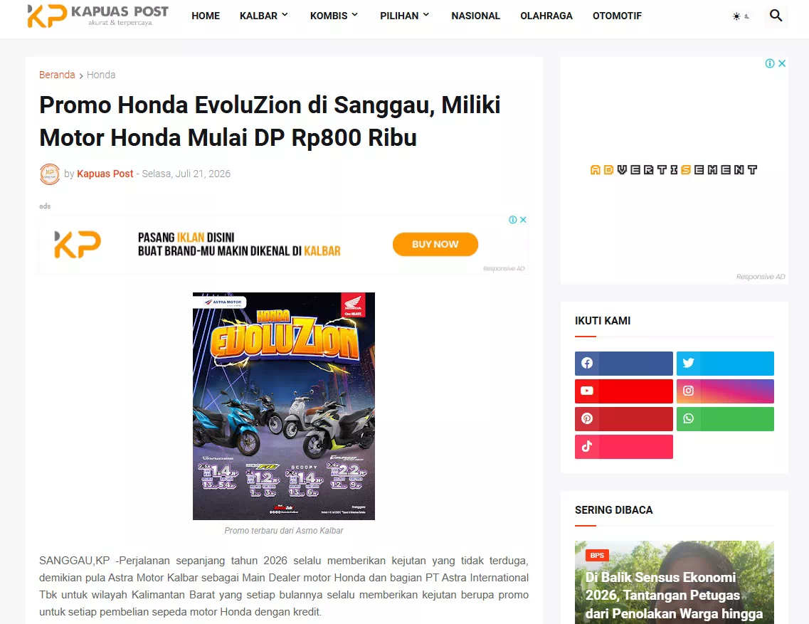 Promo Honda EvoluZion di Sanggau, Miliki Motor Honda Mulai DP Rp800 Ribu