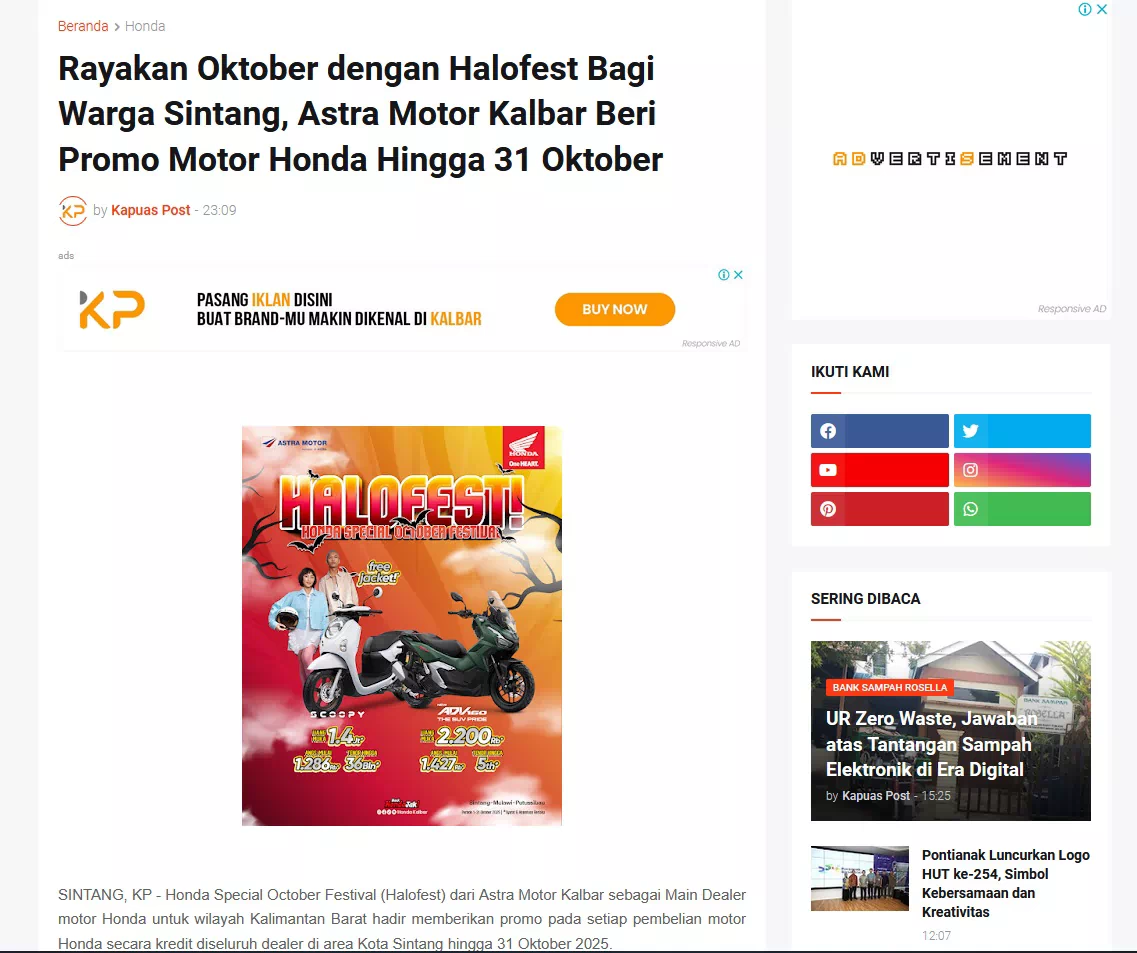 Rayakan Oktober dengan Halofest Bagi Warga Sintang, Astra Motor Kalbar Beri Promo Motor Honda Hingga 31 Oktober