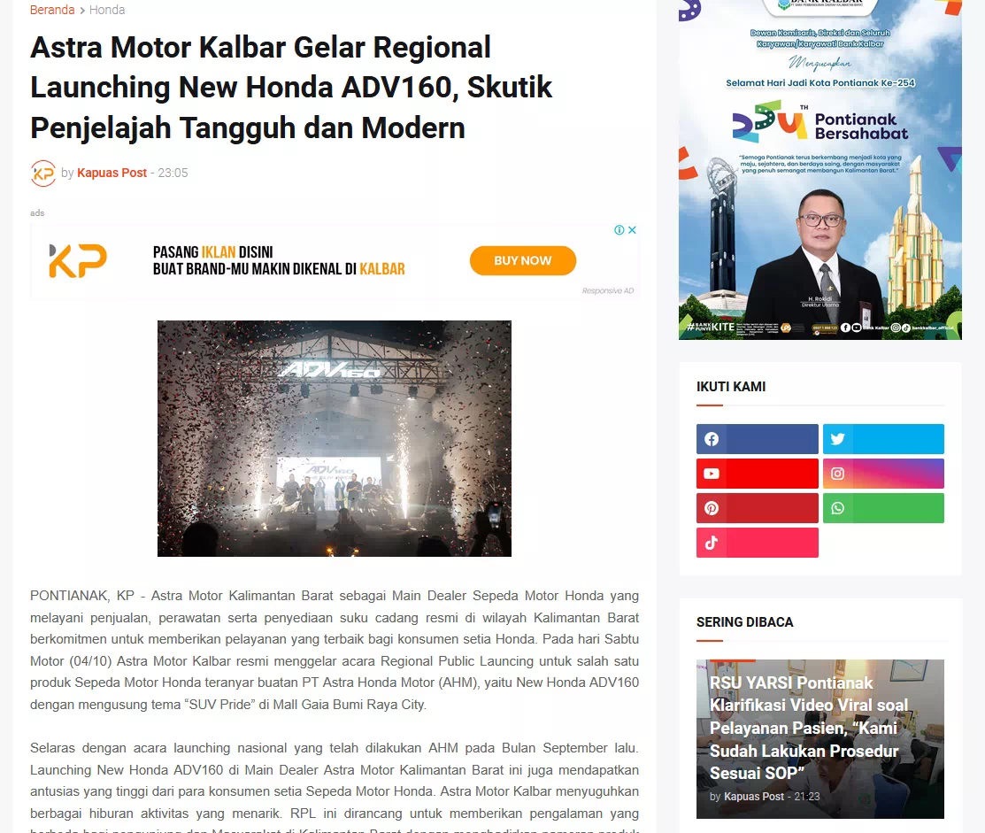 Astra Motor Kalbar Gelar Regional Launching New Honda ADV160, Skutik Penjelajah Tangguh dan Modern