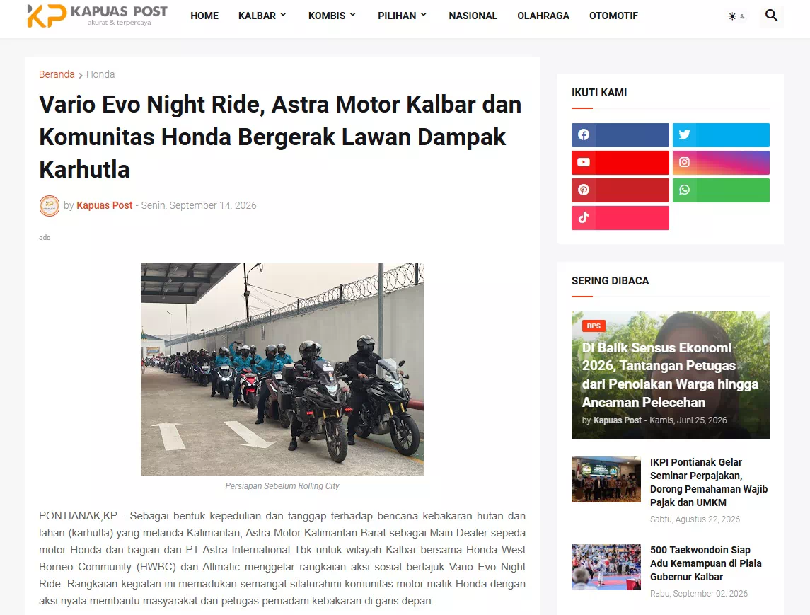Vario Evo Night Ride, Astra Motor Kalbar dan Komunitas Honda Bergerak Lawan Dampak Karhutla