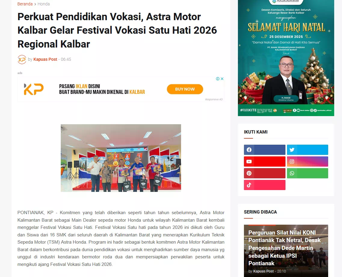 Perkuat Pendidikan Vokasi, Astra Motor Kalbar Gelar Festival Vokasi Satu Hati 2026 Regional Kalbar