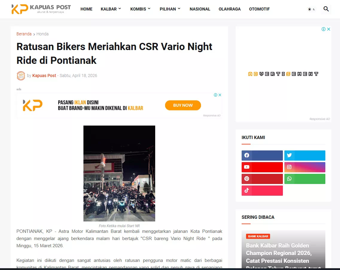 Ratusan Bikers Meriahkan CSR Vario Night Ride di Pontianak