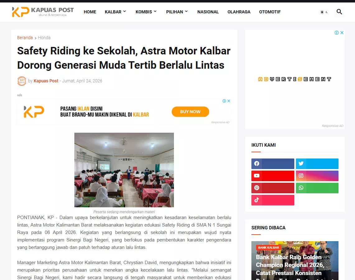 Safety Riding ke Sekolah, Astra Motor Kalbar Dorong Generasi Muda Tertib Berlalu Lintas