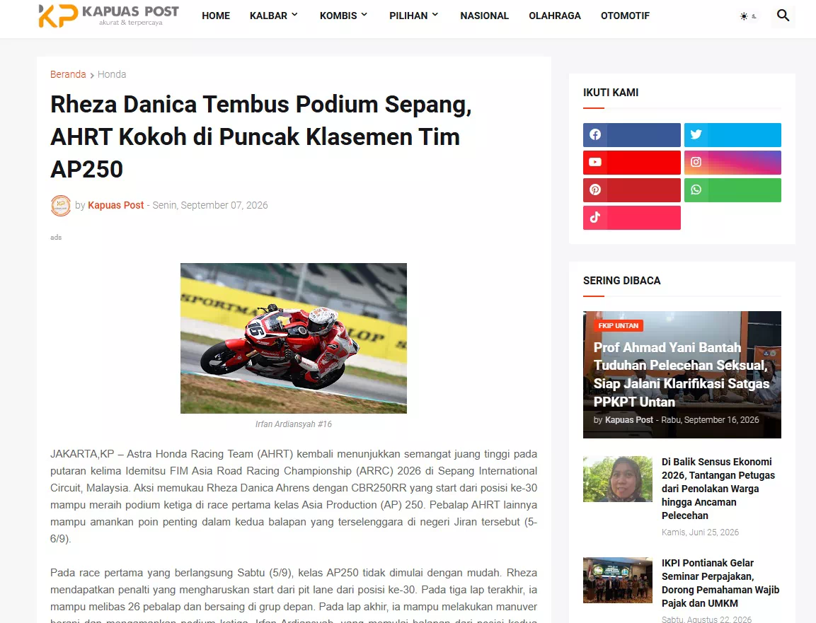 Rheza Danica Tembus Podium Sepang, AHRT Kokoh di Puncak Klasemen Tim AP250