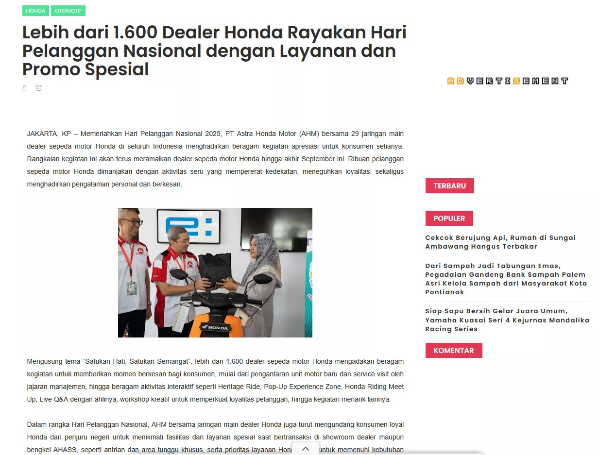 Lebih dari 1.600 Dealer Honda Rayakan Hari Pelanggan Nasional dengan Layanan dan Promo Spesial