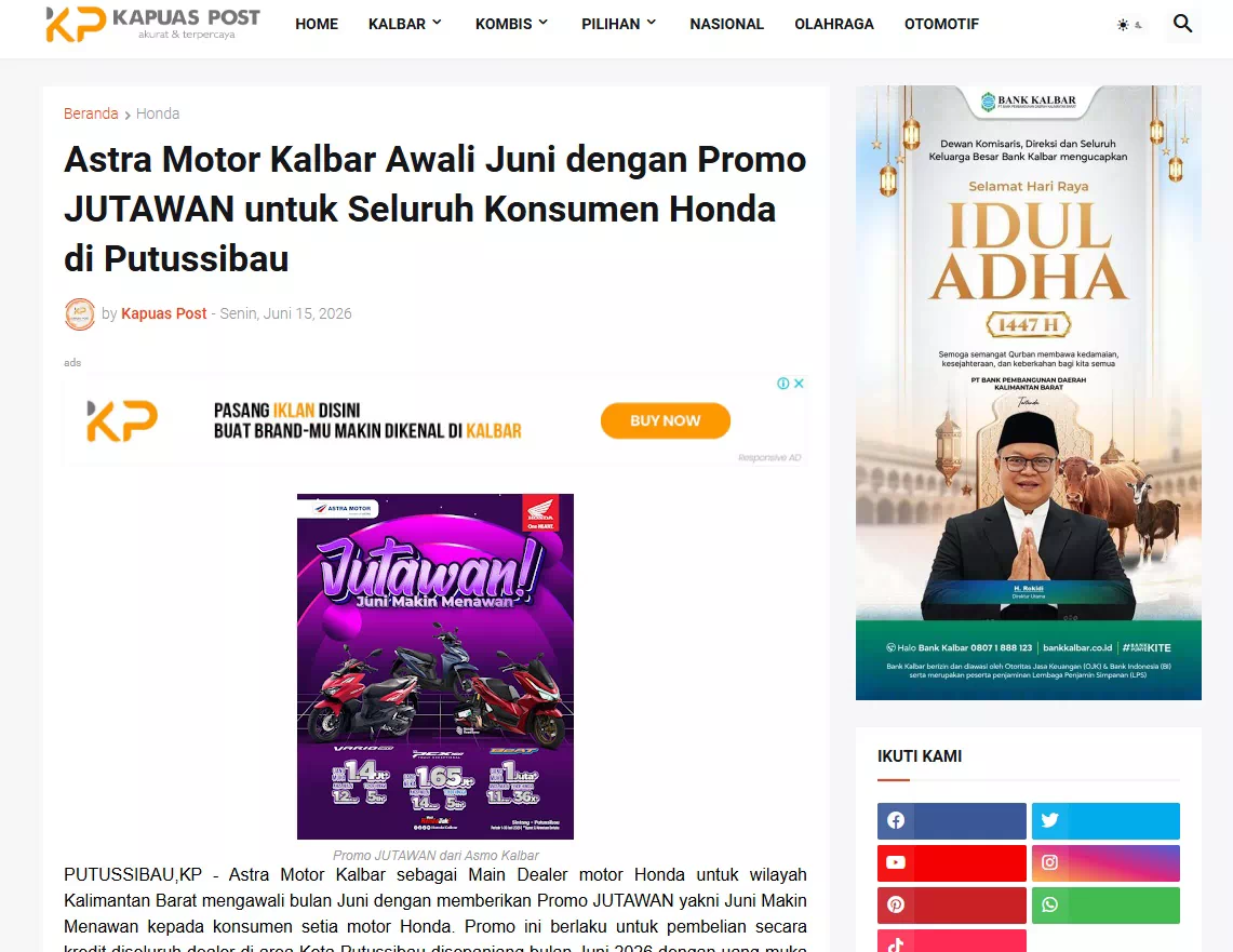 Astra Motor Kalbar Awali Juni dengan Promo JUTAWAN untuk Seluruh Konsumen Honda di Putussibau