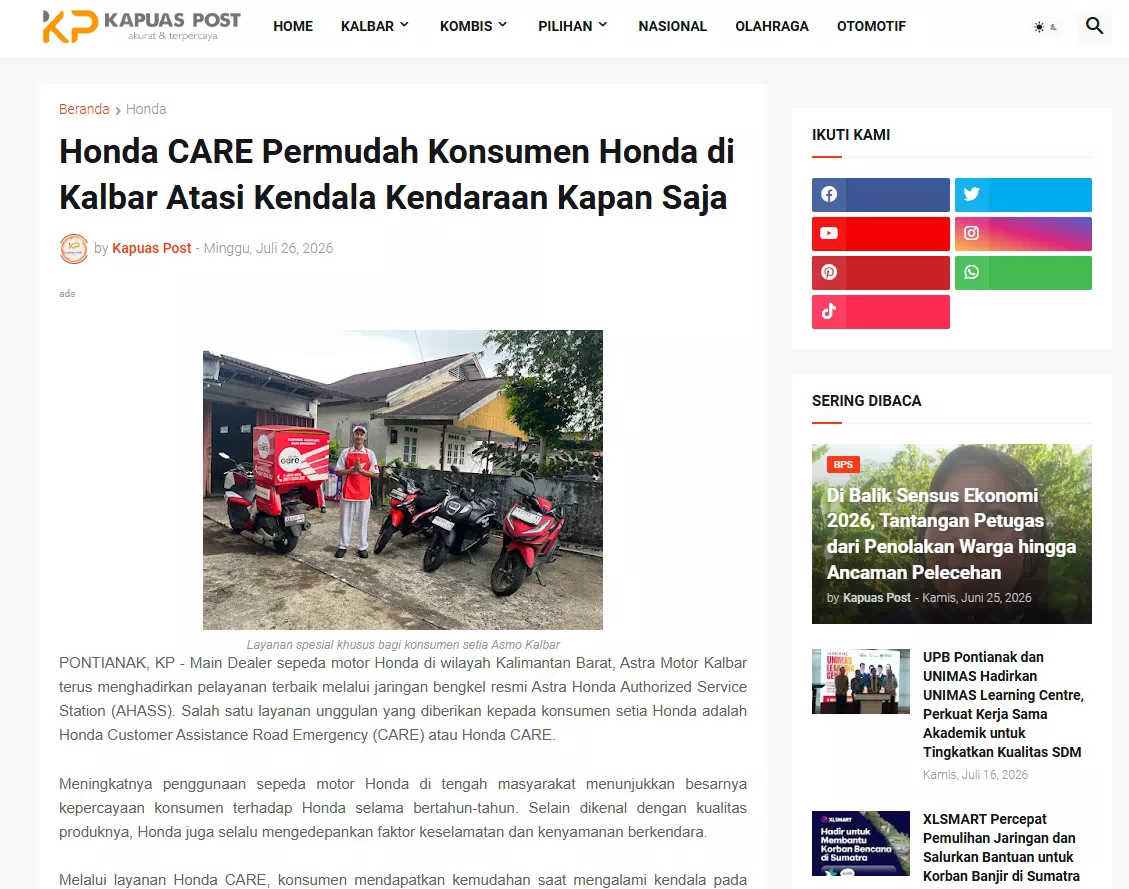 Honda CARE Permudah Konsumen Honda di Kalbar Atasi Kendala Kendaraan Kapan Saja