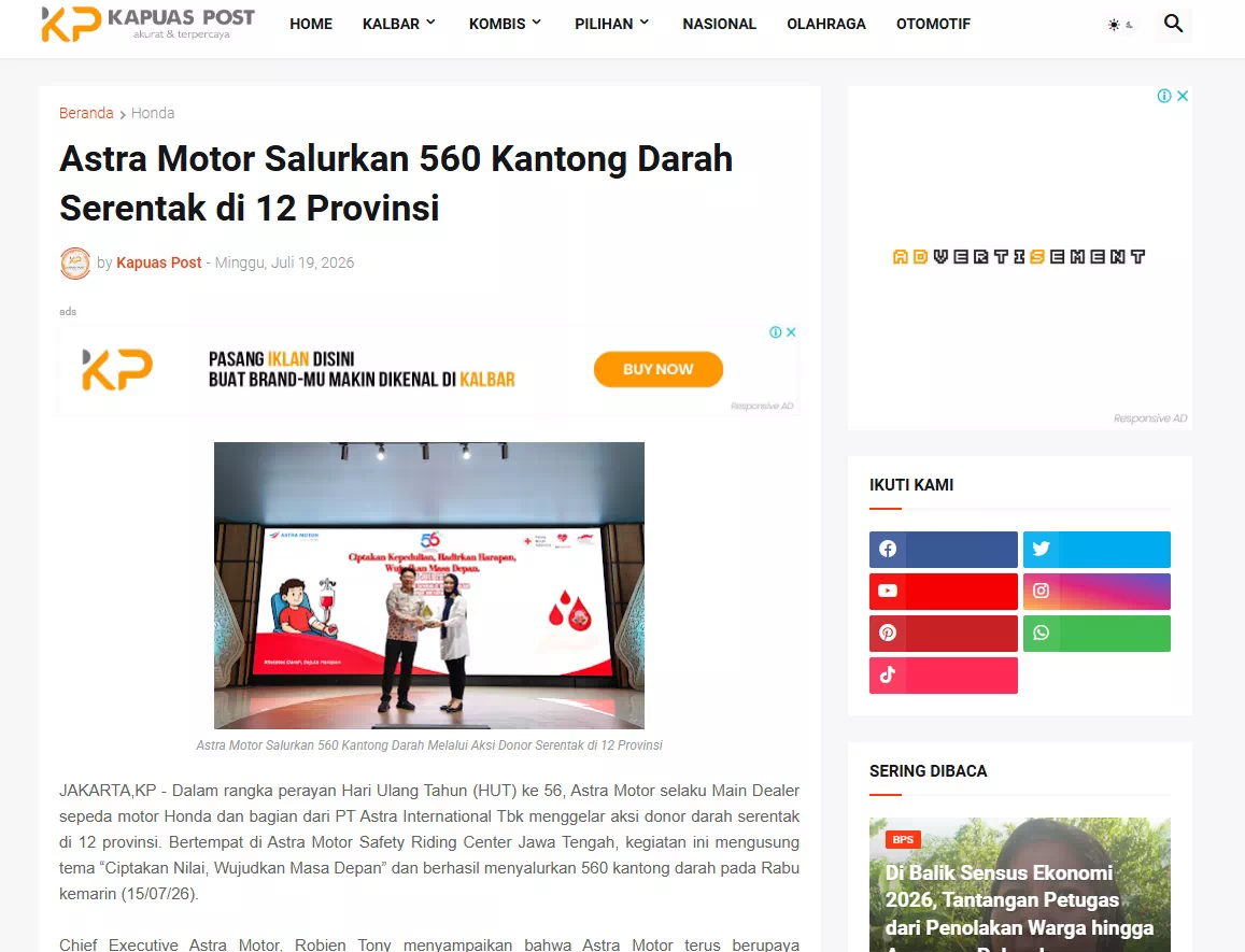 Astra Motor Salurkan 560 Kantong Darah Serentak di 12 Provinsi