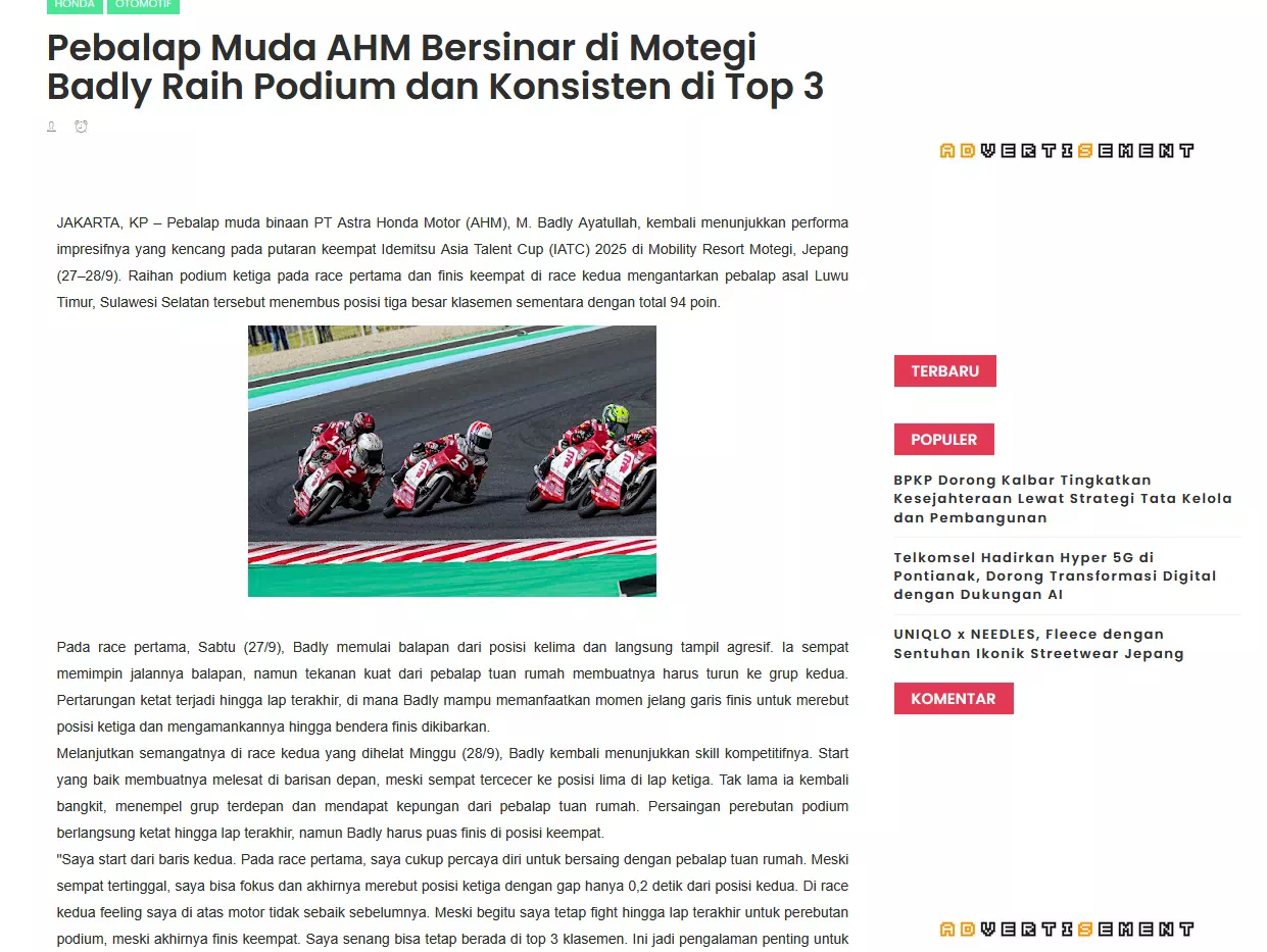 Pebalap Muda AHM Bersinar di Motegi Badly Raih Podium dan Konsisten di Top 3