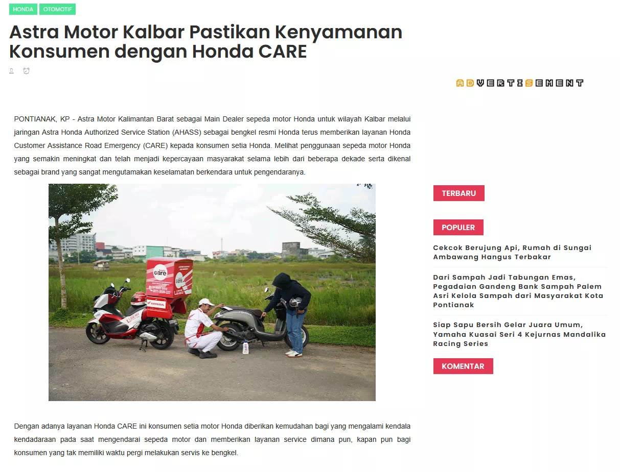 Astra Motor Kalbar Pastikan Kenyamanan Konsumen dengan Honda CARE