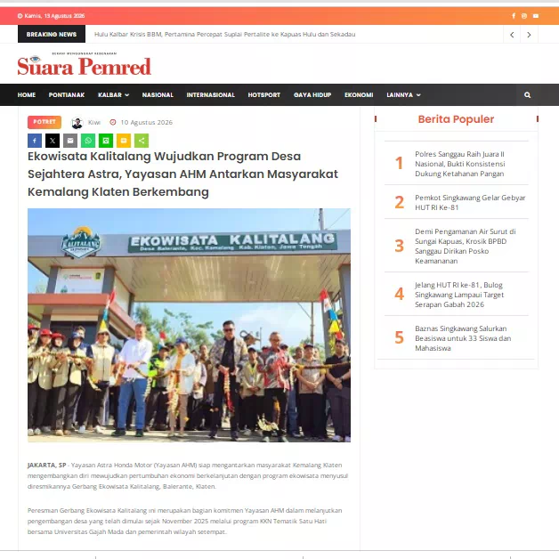 Ekowisata Kalitalang Wujudkan Program Desa Sejahtera Astra, Yayasan AHM Antarkan Masyarakat Kemalang Klaten Berkembang
