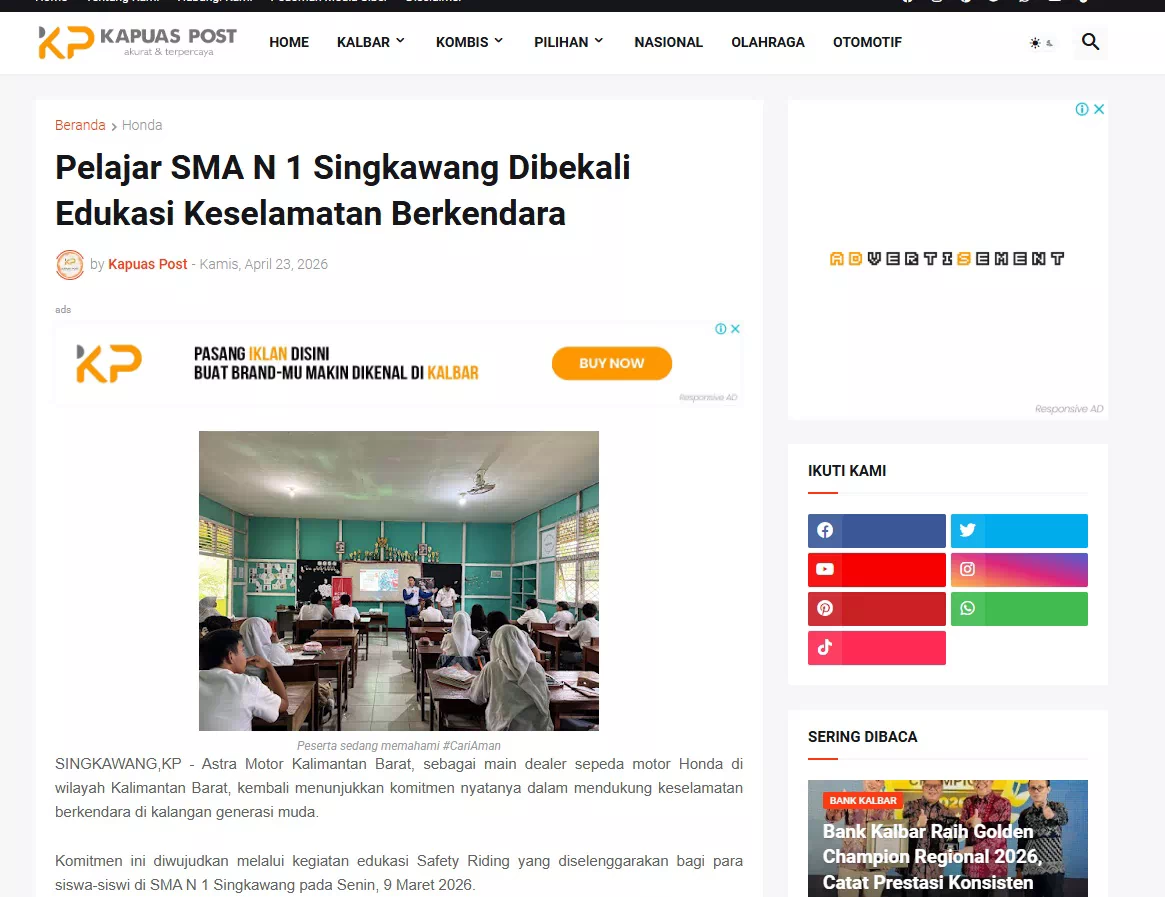 Pelajar SMA N 1 Singkawang Dibekali Edukasi Keselamatan Berkendara