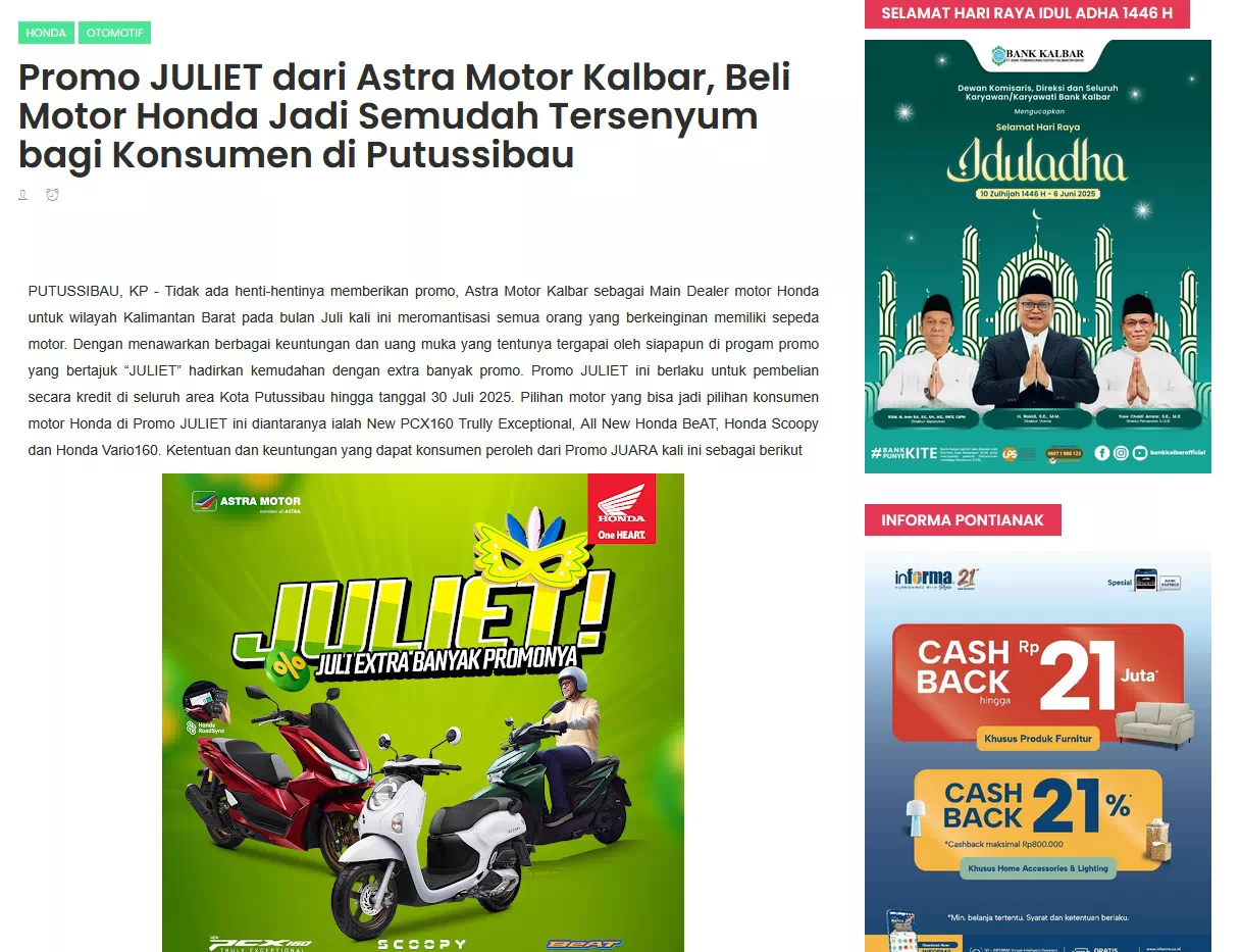 Promo JULIET dari Astra Motor Kalbar, Beli Motor Honda Jadi Semudah Tersenyum bagi Konsumen di Putussibau