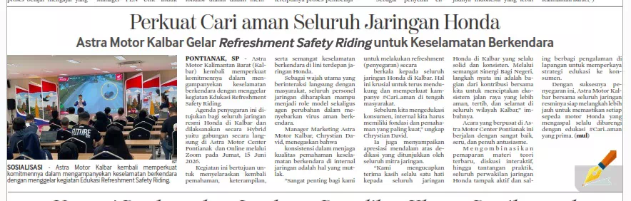 Perkuat Cari aman Seluruh Jaringan Honda, Astra Motor Kalbar Gelar Refreshment Safety Riding untuk Keselamatan Berkendara