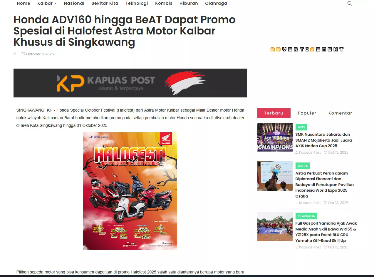 Honda ADV160 hingga BeAT Dapat Promo Spesial di Halofest Astra Motor Kalbar Khusus di Singkawang