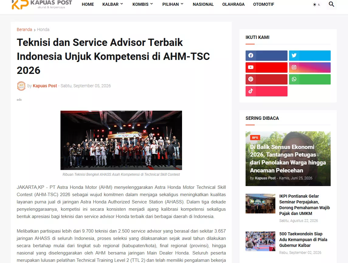 Teknisi dan Service Advisor Terbaik Indonesia Unjuk Kompetensi di AHM-TSC 2026