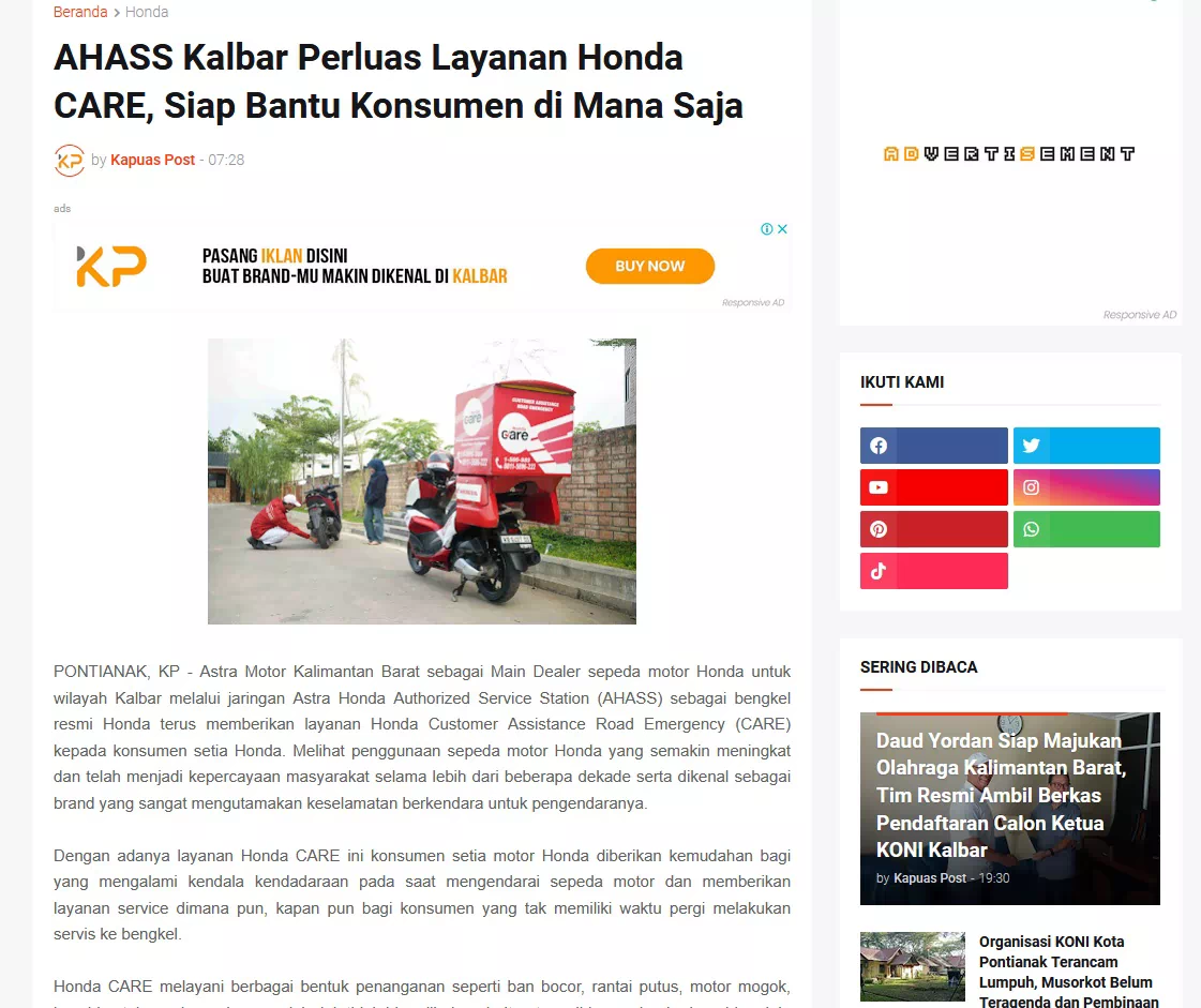 AHASS Kalbar Perluas Layanan Honda CARE, Siap Bantu Konsumen di Mana Saja