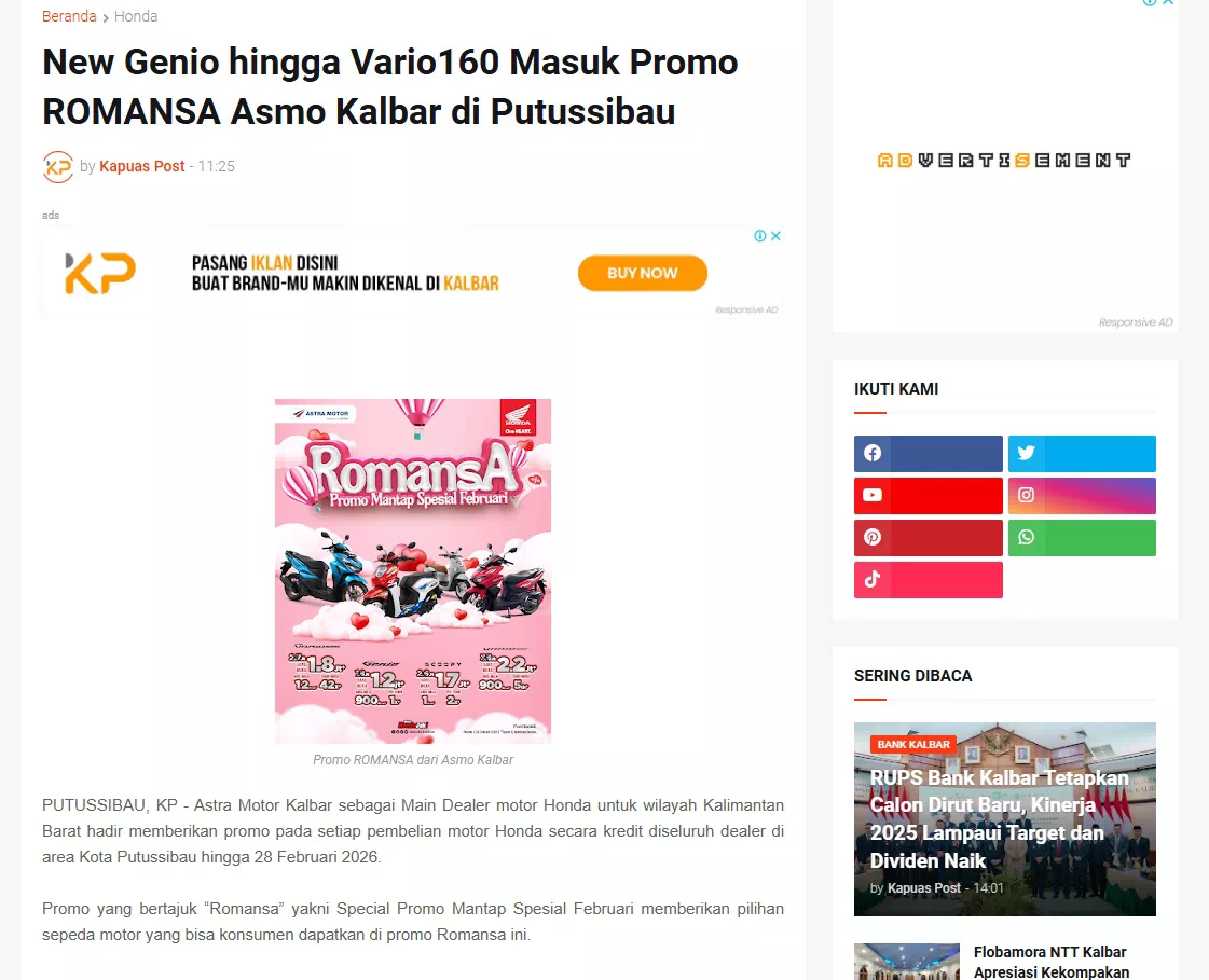New Genio hingga Vario160 Masuk Promo ROMANSA Asmo Kalbar di Putussibau