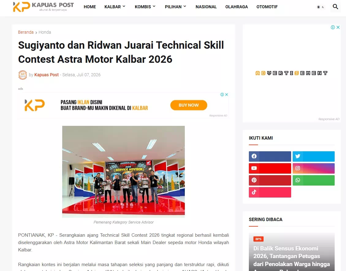 Sugiyanto dan Ridwan Juarai Technical Skill Contest Astra Motor Kalbar 2026