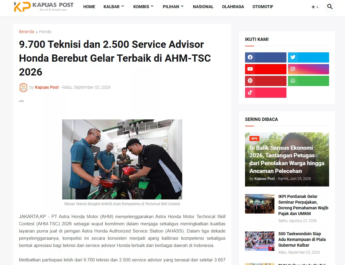 9.700 Teknisi dan 2.500 Service Advisor Honda Berebut Gelar Terbaik di AHM-TSC 2026