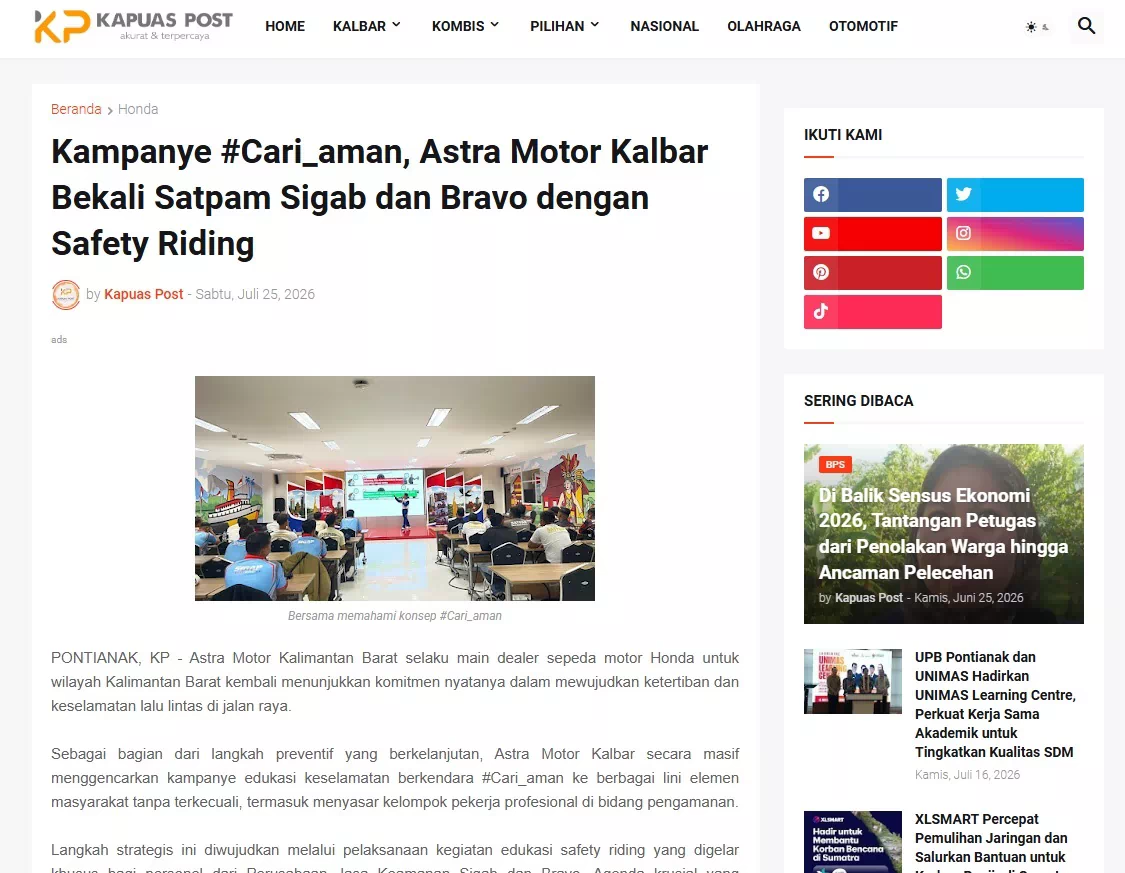 Kampanye #Cari_aman, Astra Motor Kalbar Bekali Satpam Sigab dan Bravo dengan Safety Riding