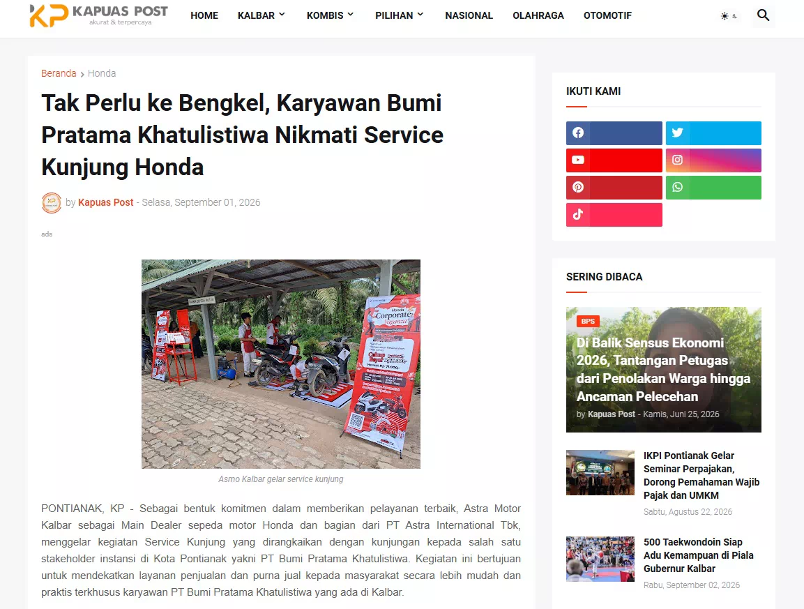 Tak Perlu ke Bengkel, Karyawan Bumi Pratama Khatulistiwa Nikmati Service Kunjung Honda