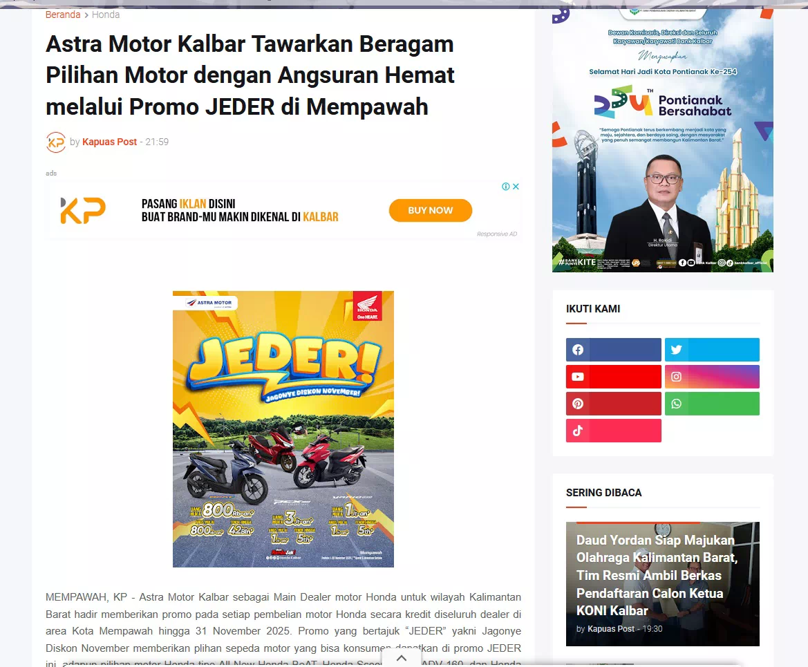 Astra Motor Kalbar Tawarkan Beragam Pilihan Motor dengan Angsuran Hemat melalui Promo JEDER di Mempawah