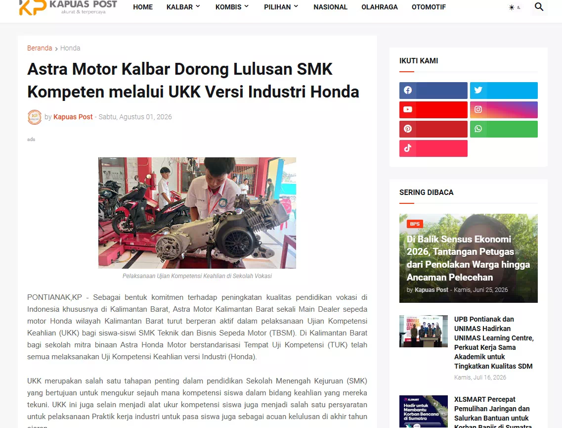 Astra Motor Kalbar Dorong Lulusan SMK Kompeten melalui UKK Versi Industri Honda