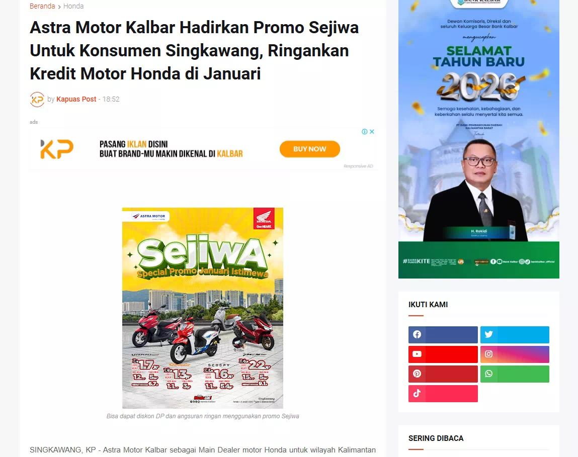 Astra Motor Kalbar Hadirkan Promo Sejiwa Untuk Konsumen Singkawang, Ringankan Kredit Motor Honda di Januari