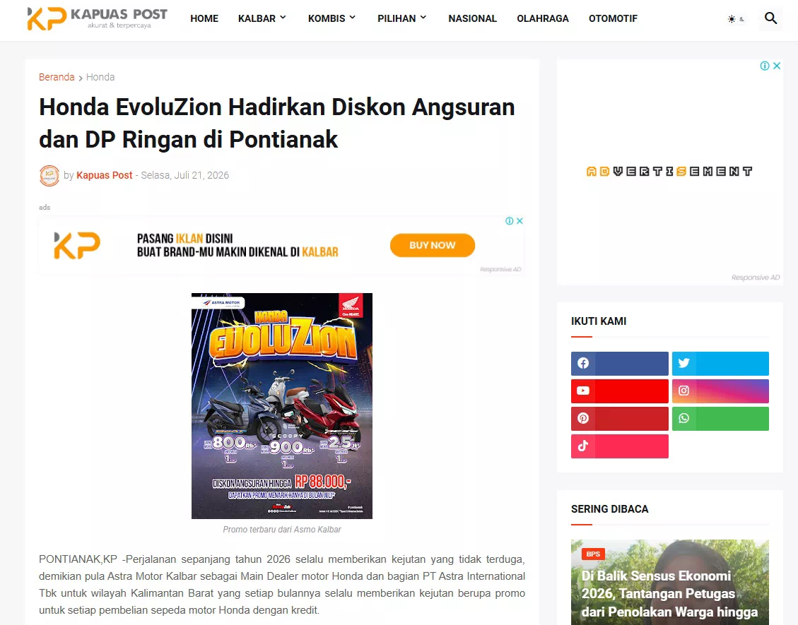 Honda EvoluZion Hadirkan Diskon Angsuran dan DP Ringan di Pontianak