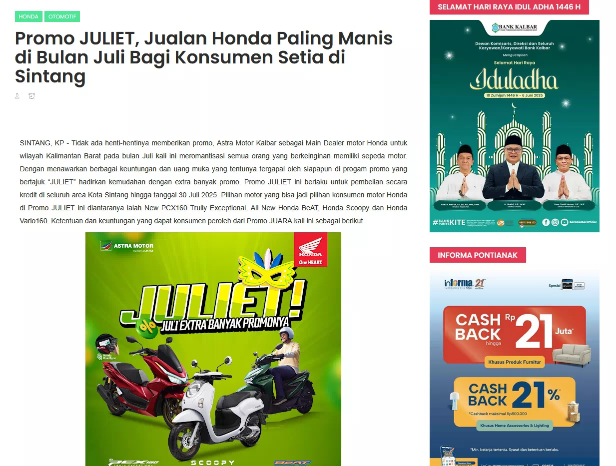 Promo JULIET, Jualan Honda Paling Manis di Bulan Juli Bagi Konsumen Setia di Sintang