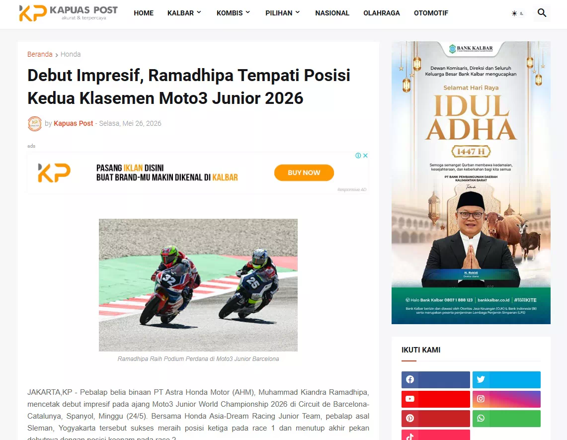 Debut Impresif, Ramadhipa Tempati Posisi Kedua Klasemen Moto3 Junior 2026