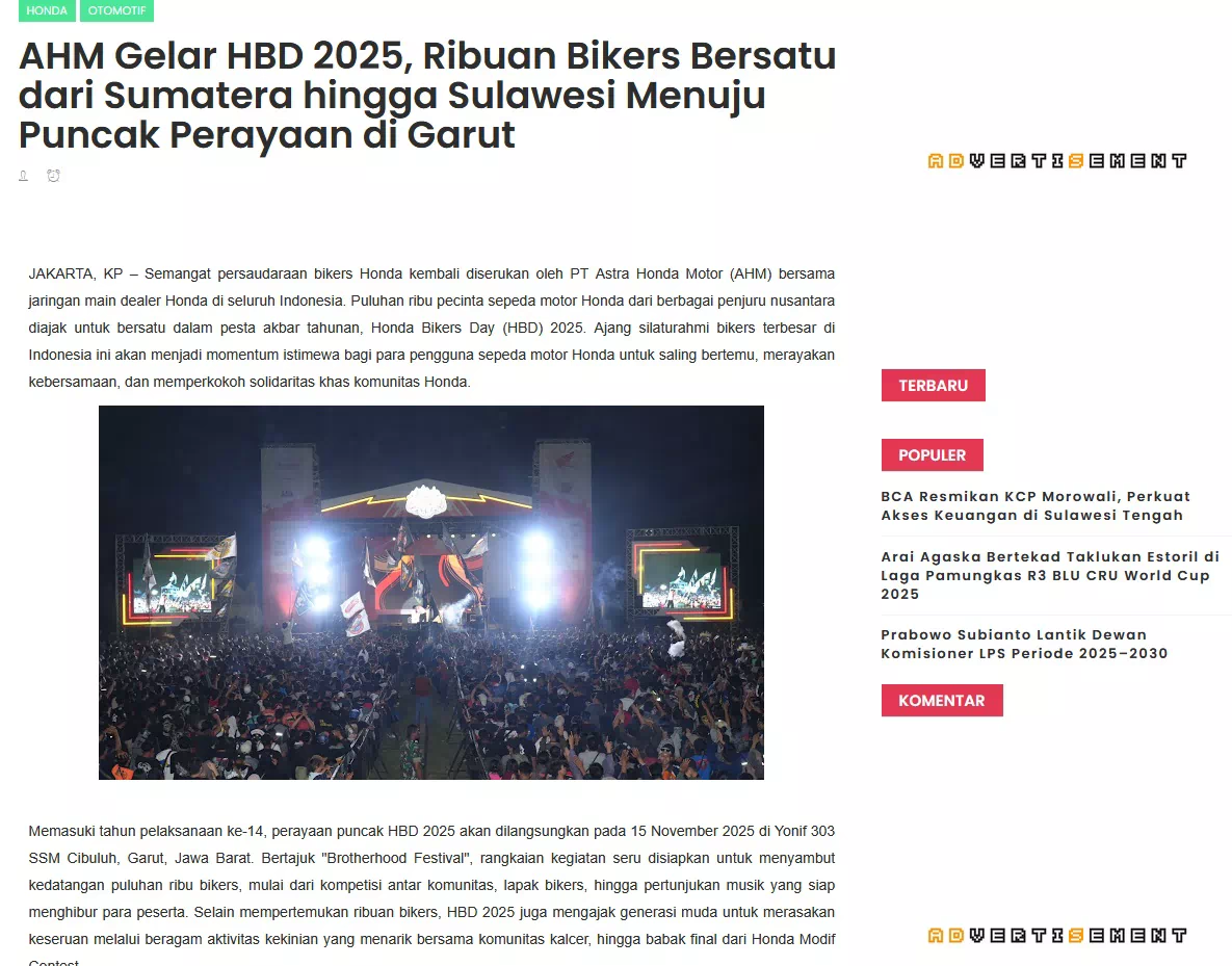 AHM Gelar HBD 2025, Ribuan Bikers Bersatu dari Sumatera hingga Sulawesi Menuju Puncak Perayaan di Garut