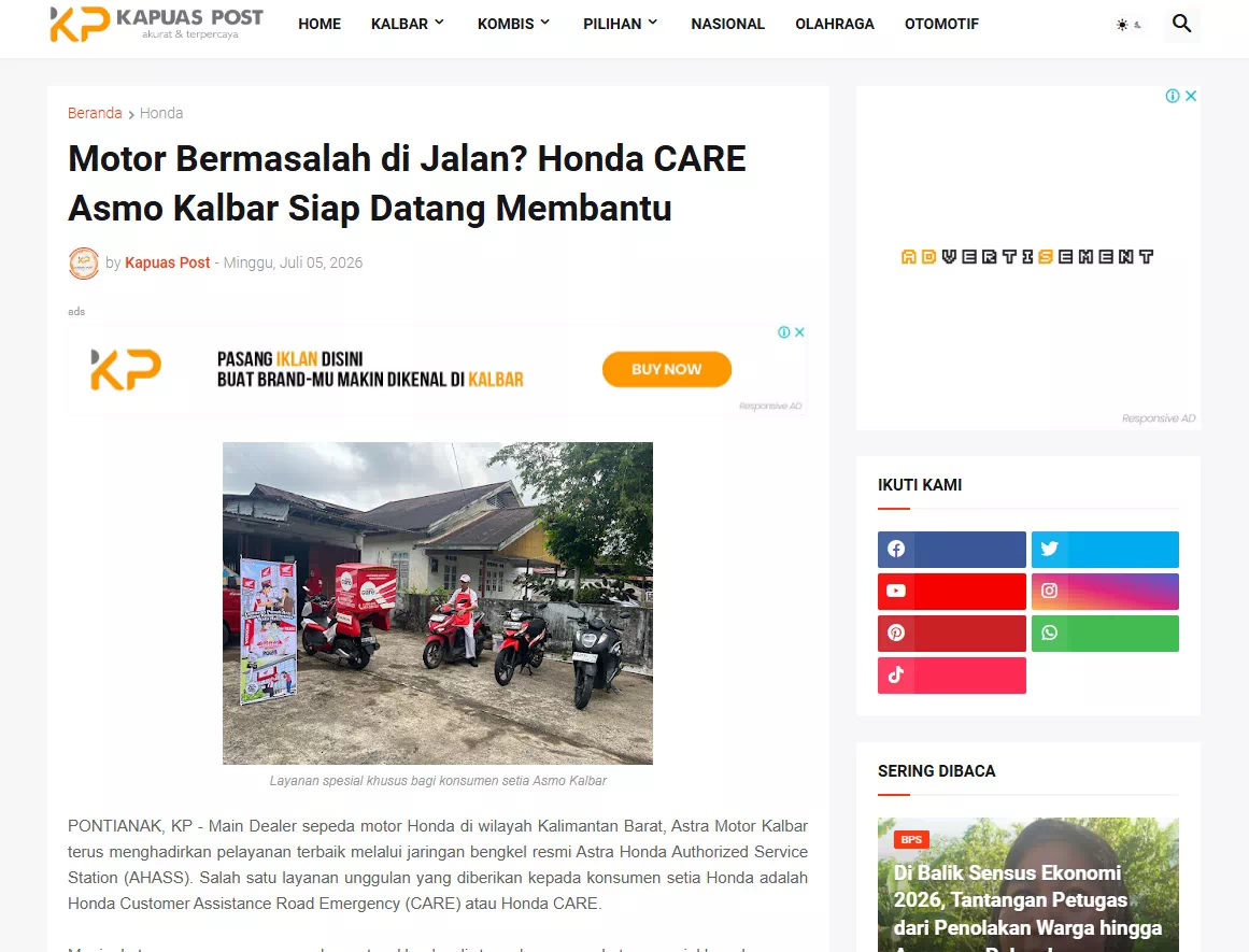 Motor Bermasalah di Jalan? Honda CARE Asmo Kalbar Siap Datang Membantu