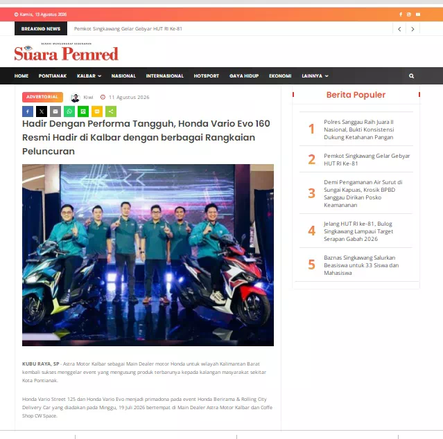 Hadir Dengan Performa Tangguh, Honda Vario Evo 160 Resmi Hadir di Kalbar dengan berbagai Rangkaian Peluncuran