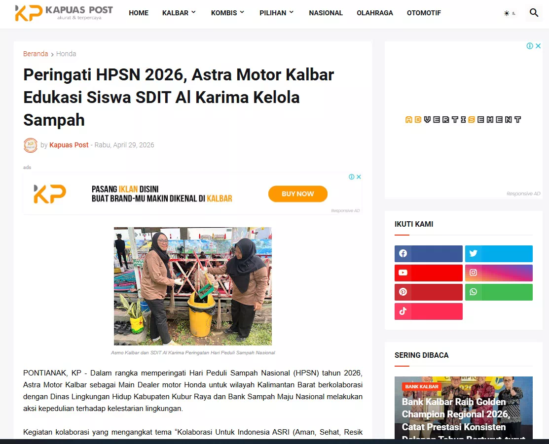 Peringati HPSN 2026, Astra Motor Kalbar Edukasi Siswa SDIT Al Karima Kelola Sampah