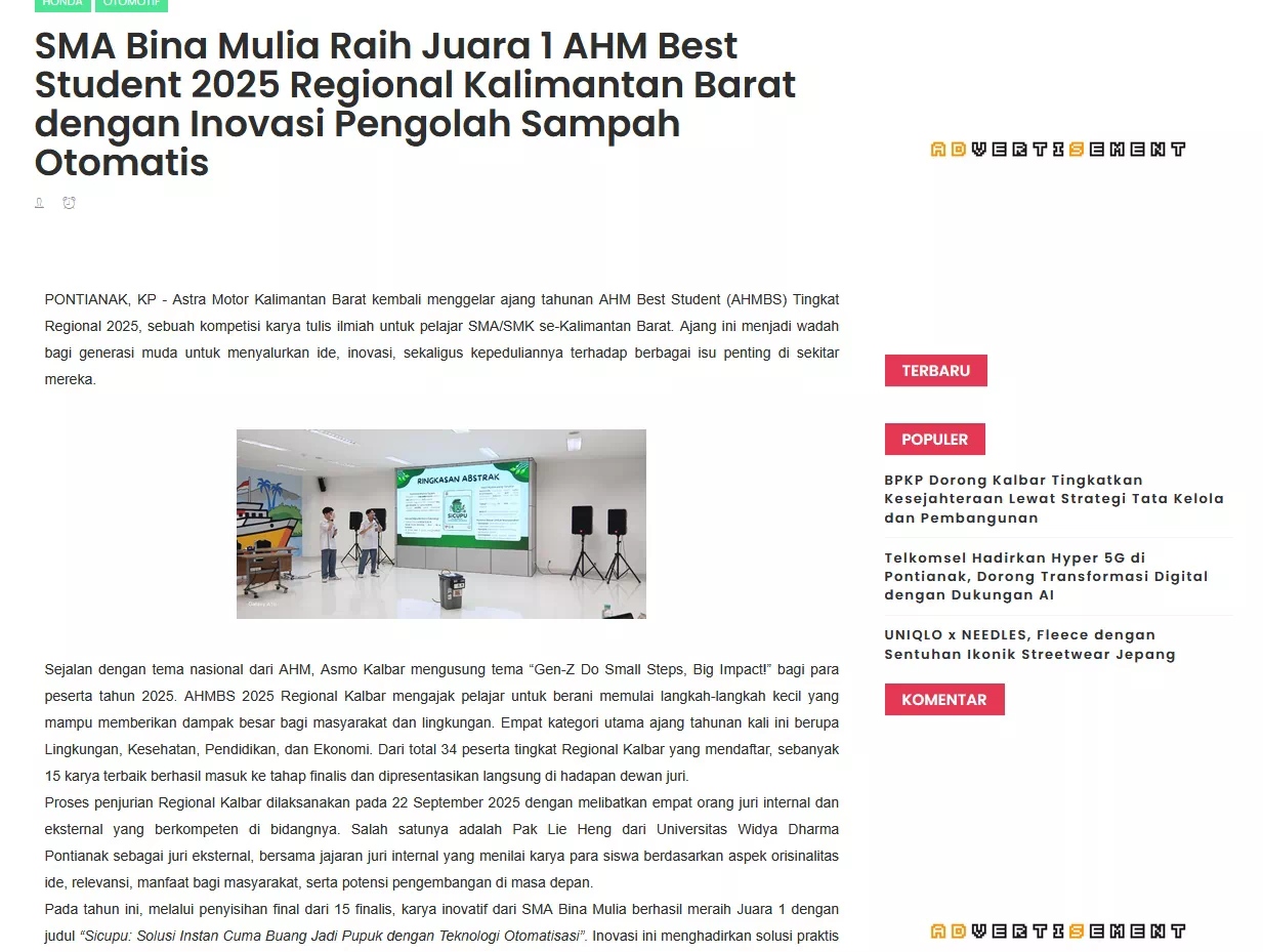 SMA Bina Mulia Raih Juara 1 AHM Best Student 2025 Regional Kalimantan Barat dengan Inovasi Pengolah Sampah Otomatis