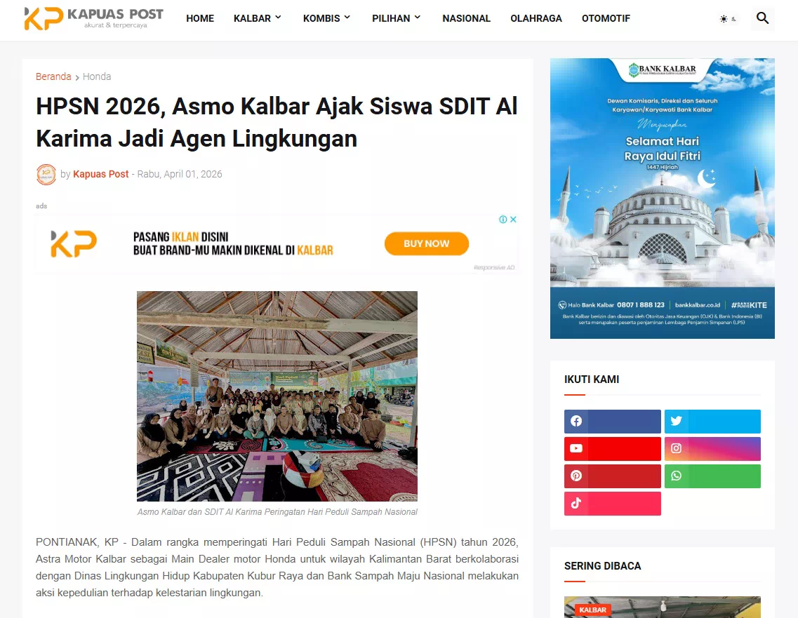 HPSN 2026, Asmo Kalbar Ajak Siswa SDIT Al Karima Jadi Agen Lingkungan