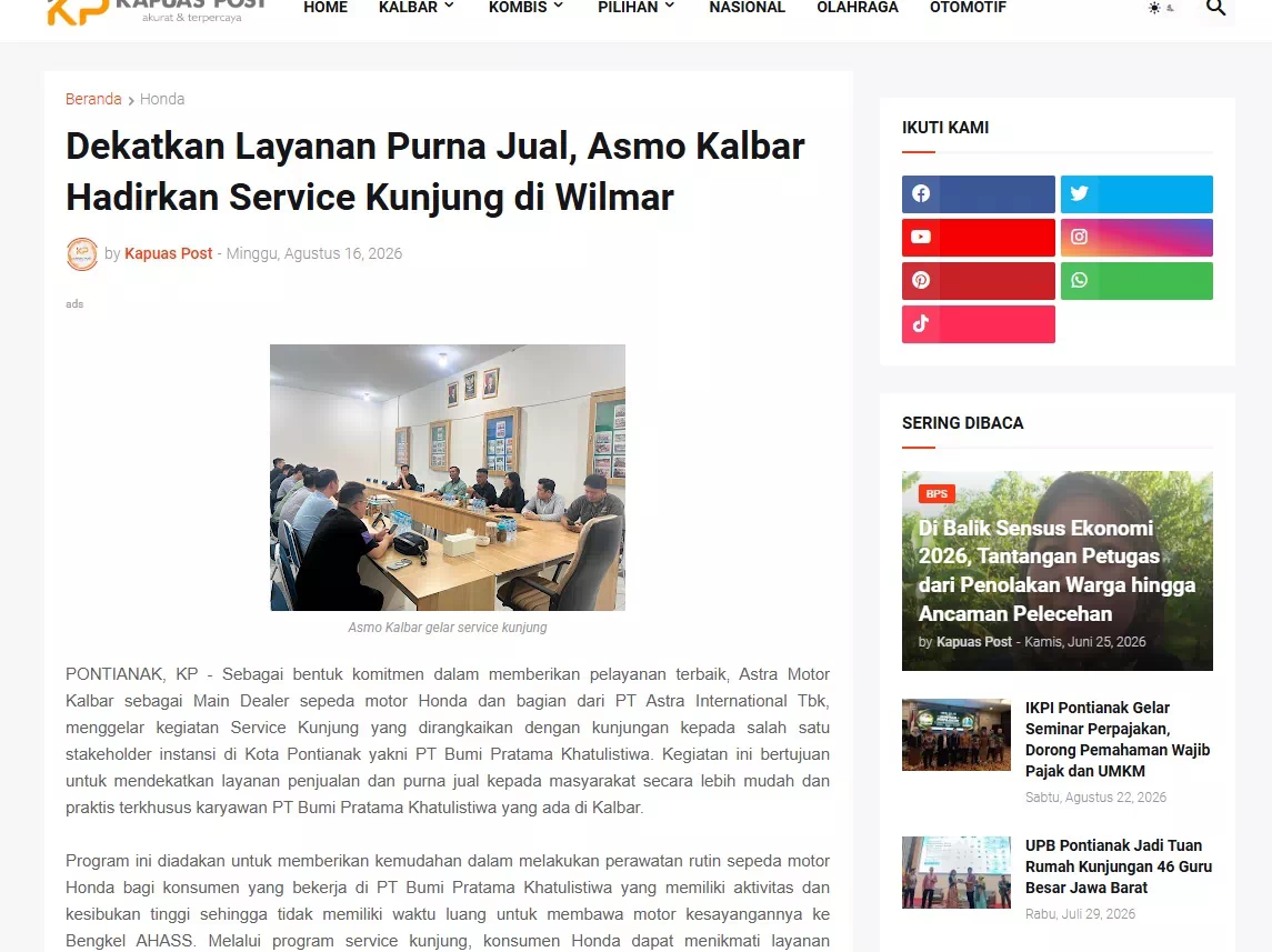 Dekatkan Layanan Purna Jual, Asmo Kalbar Hadirkan Service Kunjung di Wilmar