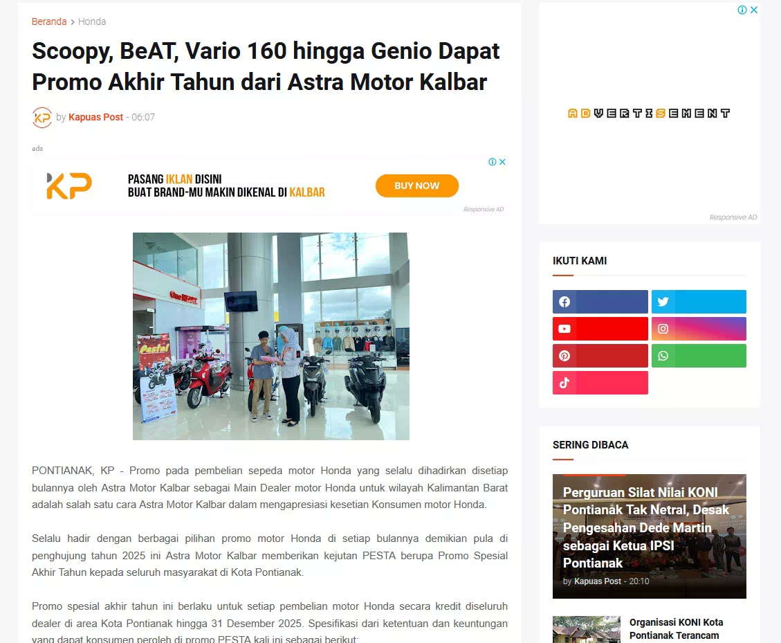 Scoopy, BeAT, Vario 160 hingga Genio Dapat Promo Akhir Tahun dari Astra Motor Kalbar