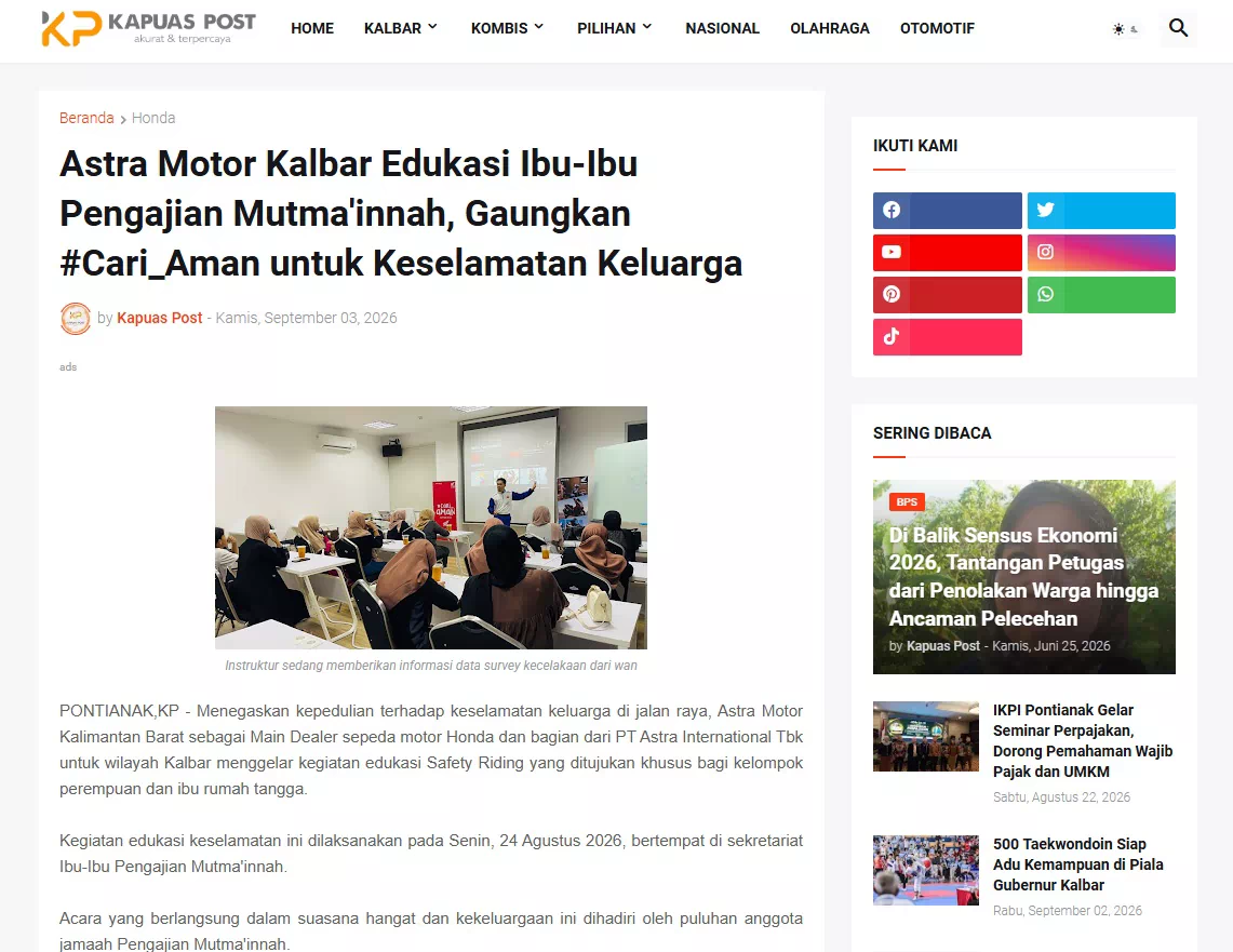 Astra Motor Kalbar Edukasi Ibu-Ibu Pengajian Mutma'innah, Gaungkan #Cari_Aman untuk Keselamatan Keluarga