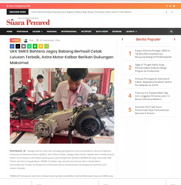 UKK SMKS Bahtera Jagoy Babang Berhasil Cetak Lulusan Terbaik, Astra Motor Kalbar Berikan Dukungan Maksimal