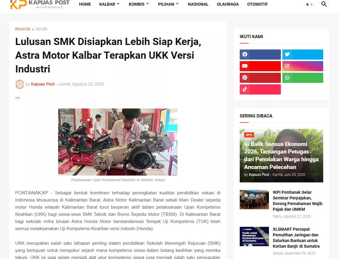 Lulusan SMK Disiapkan Lebih Siap Kerja, Astra Motor Kalbar Terapkan UKK Versi Industri