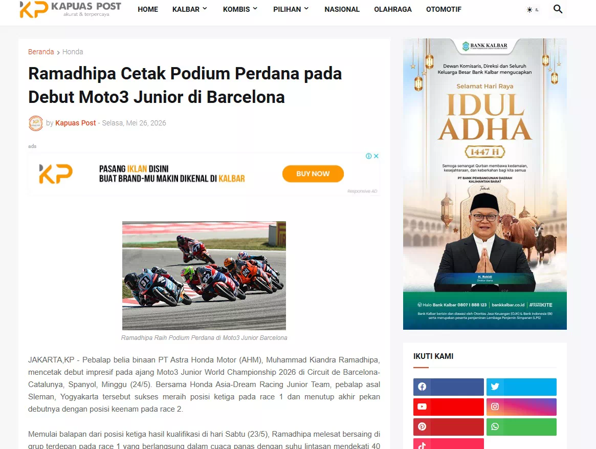 Ramadhipa Cetak Podium Perdana pada Debut Moto3 Junior di Barcelona