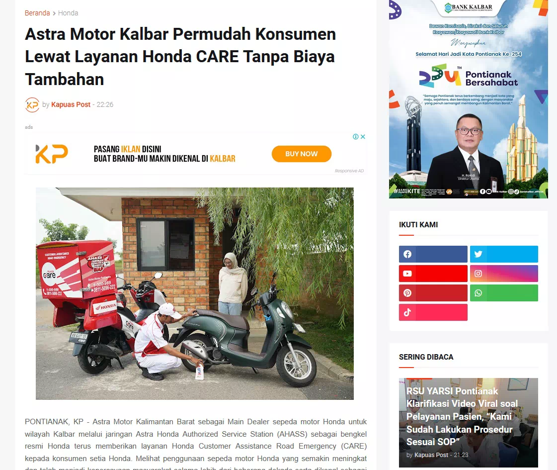 Astra Motor Kalbar Permudah Konsumen Lewat Layanan Honda CARE Tanpa Biaya Tambahan