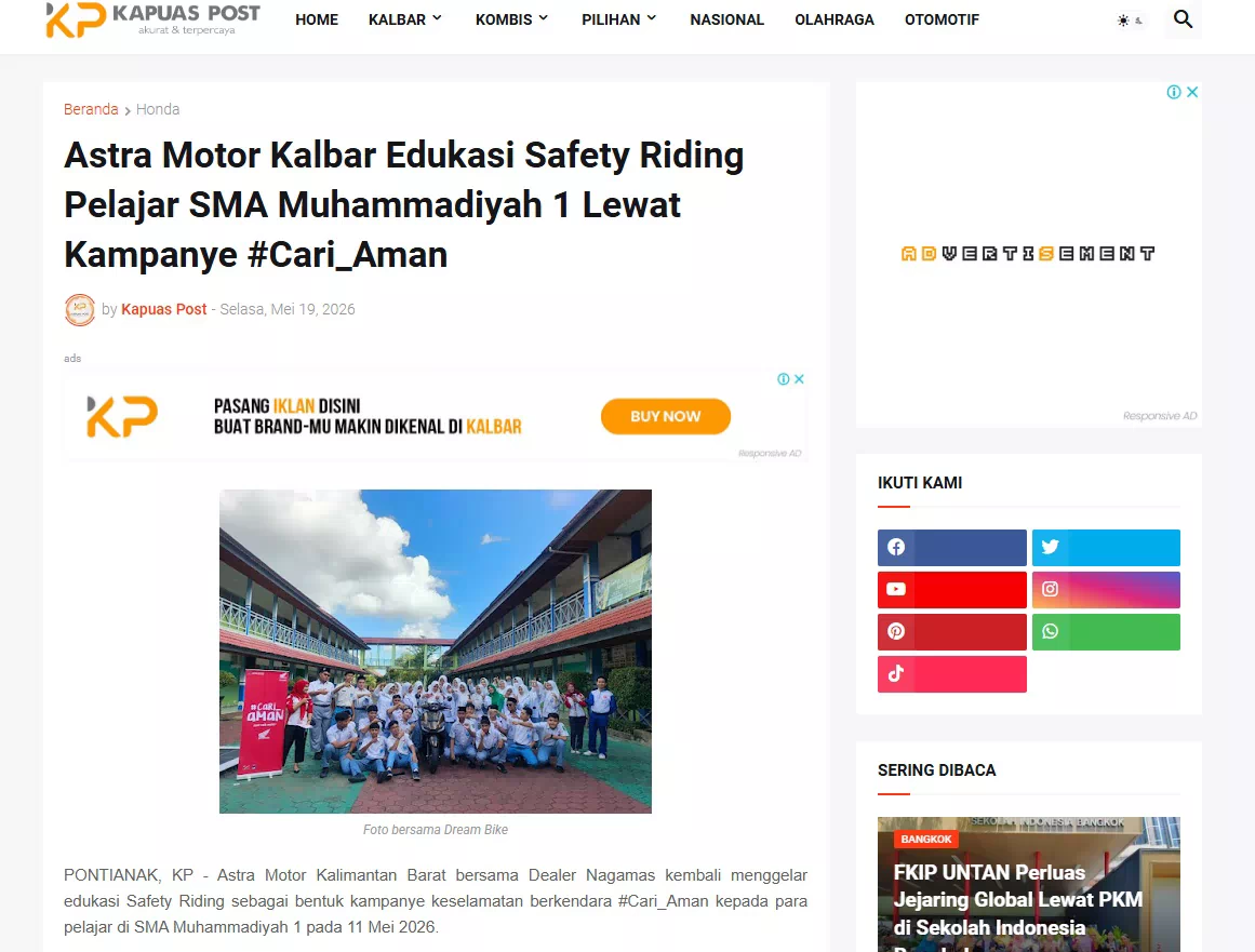 Astra Motor Kalbar Edukasi Safety Riding Pelajar SMA Muhammadiyah 1 Lewat Kampanye #Cari_Aman