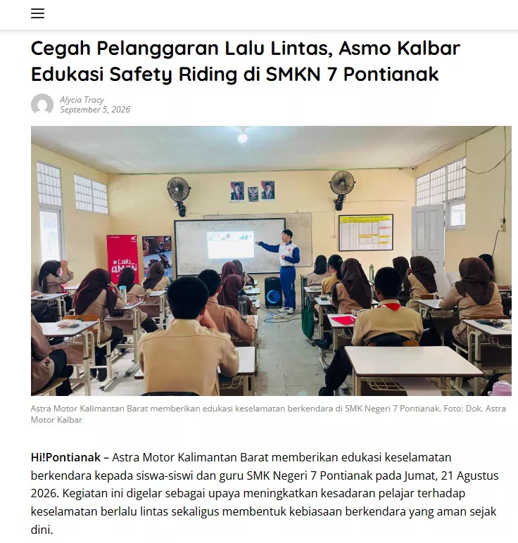 Cegah Pelanggaran Lalu Lintas, Asmo Kalbar Edukasi Safety Riding di SMKN 7 Pontianak
